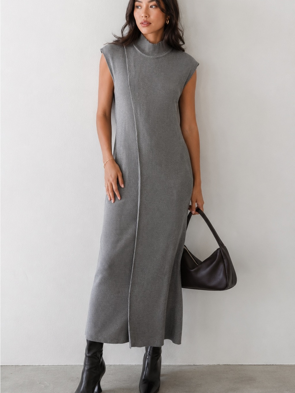Privy Ribbed Knit Sleeveless Maxi Dress in Gray